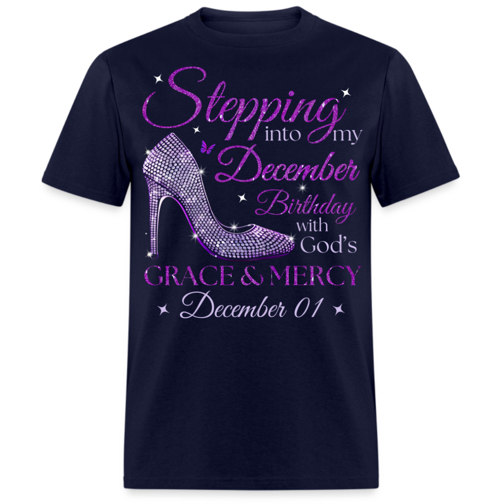PURPLE STEPPING INTO MY DECEMBER 01 BDAY WITH GOD'S GRACE UNISEX SHIRT